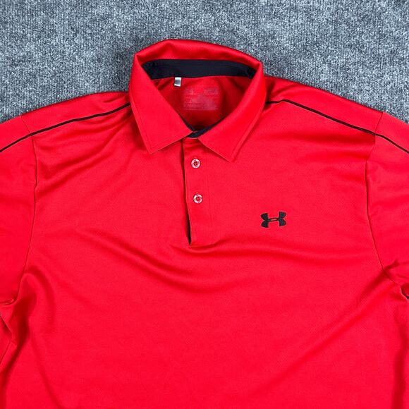 Under Armour Polo Mens L Red Black Athletic Golf Shirt HeatGear Loose Fit - Picture 1 of 7